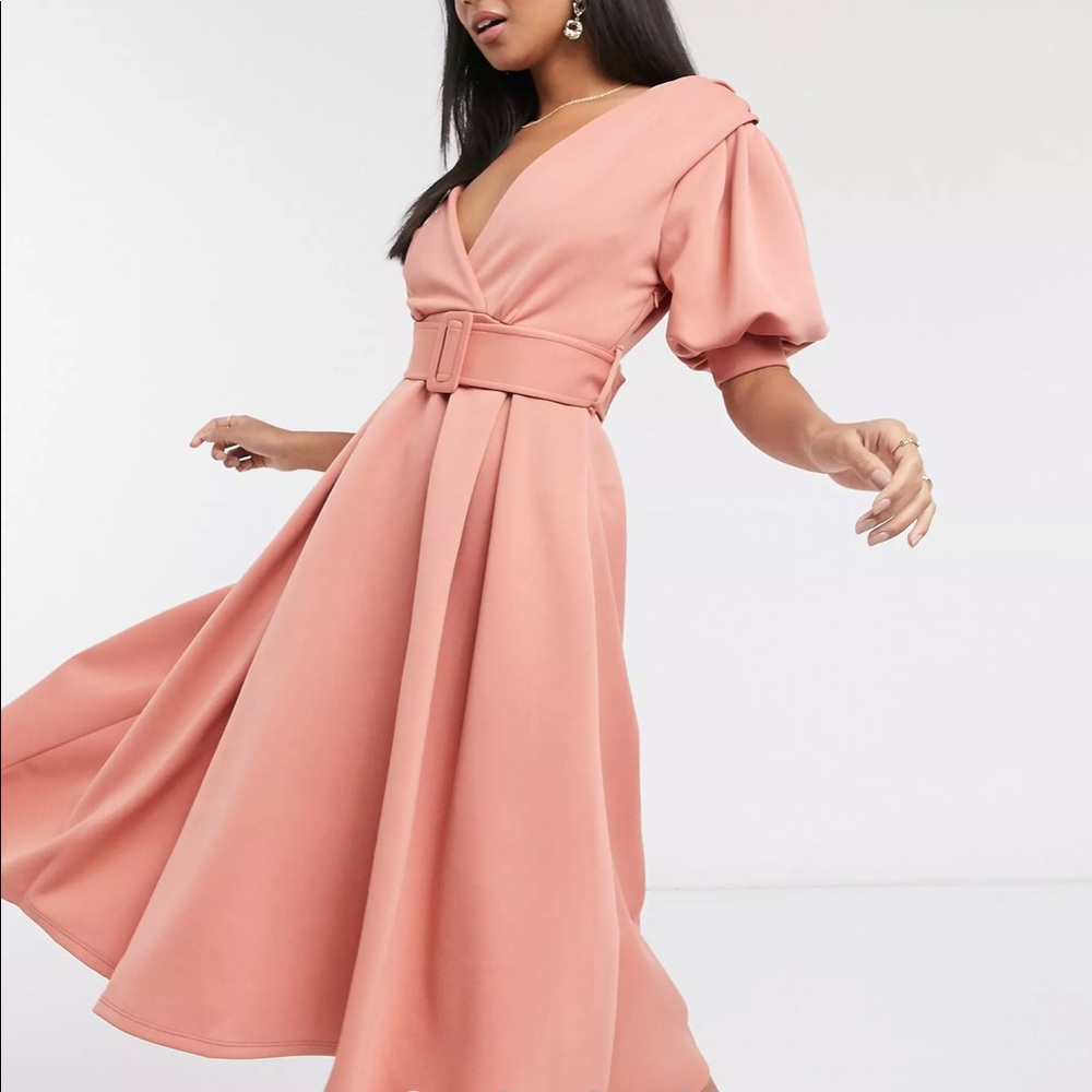 ASOS DESIGN ruched shoulder belted soft prom midi dress in pink